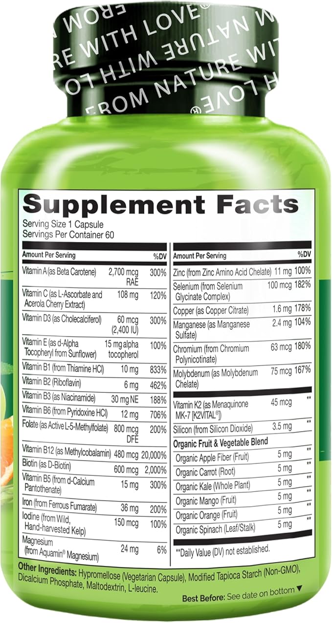 NATURELO Bariatric Multivitamin - One Daily with Iron - Supplement for Post Gastric Bypass Surgery Patients - Natural Whole Food Nutrition - 60 Veggie Capsules