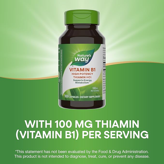 Nature's Way Vitamin B1, High Potency, 100 mg Thiamin per Serving, Thiamin HCl, Supports Energy Metabolism*, Gluten Free, 100 Capsules (Packaging May Vary)