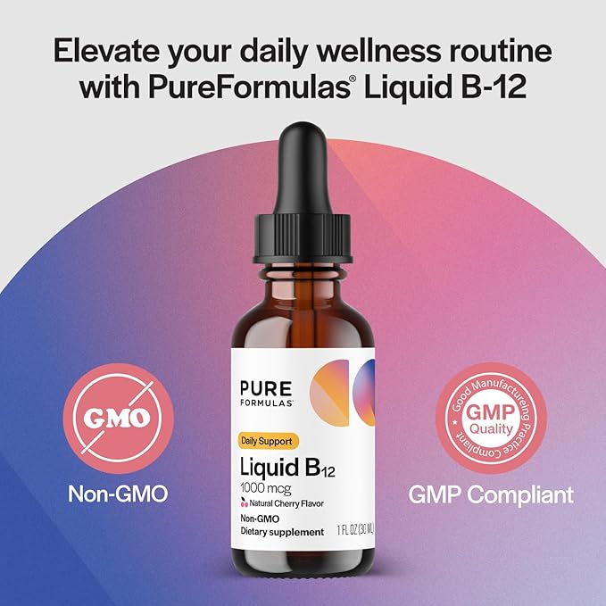 PureFormulas Liquid B12 1000 mcg - Natural Cherry Flavor B12 Sublingual Drops, Potent Daily Support for Energy & Wellness - Non-GMO, Allergen-Free - 1 fl. Oz.