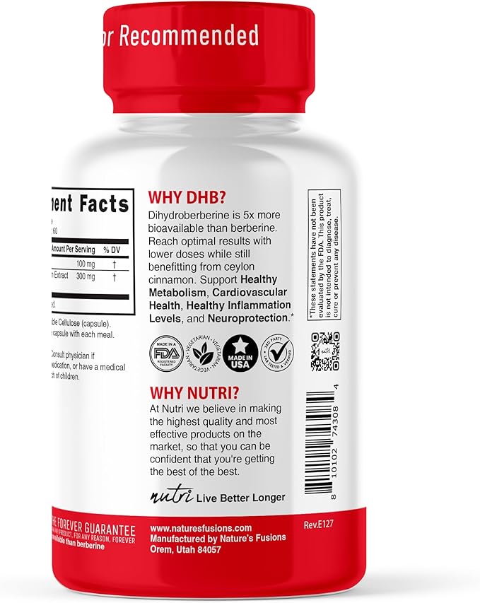 Nature's Fusions Dihydroberberine Supplement 100mg 60 Capsules - with Ceylon Cinnamon - 5X More Effective Than Regular Berberine HCL