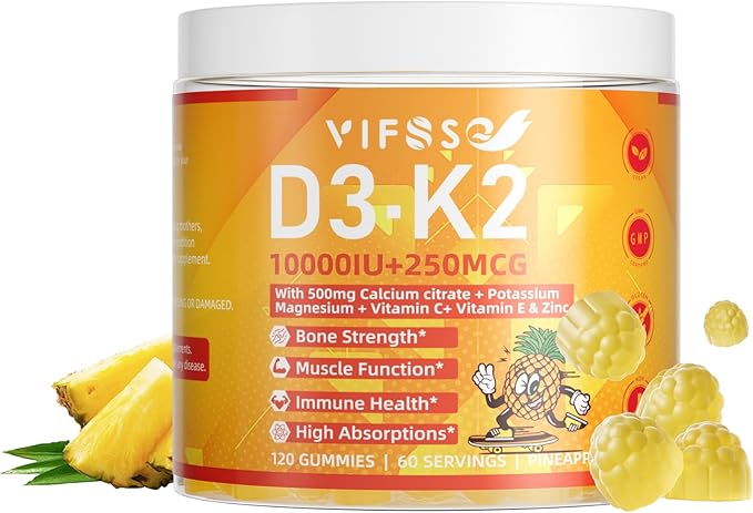 Vitamin D3 K2 Sugar-Free 120 Gummies, Vitamin D3 10,000IU with K2 (MK-7) 200mcg, 600mg Calcium +Magnesium Citrate, Multivitamin Adults Vitamin C+A, Support Bone Muscle Teeth Immune, Energy