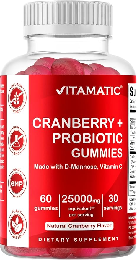 Vitamatic Vegan Cranberry Gummies with D-Mannose, Probiotics & Vitamin C – 25,000 mg Equivalent per Serving (from 50:1 Extract 500 mg) – 60 Count – Urinary Tract Health Support for Women