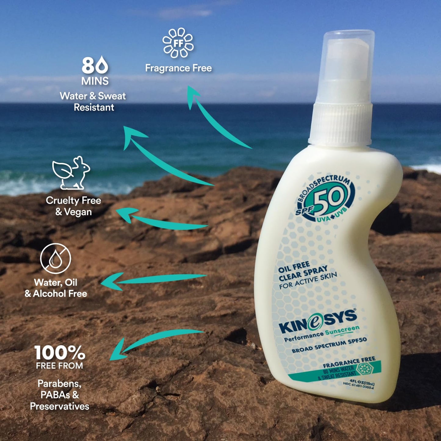 KINeSYS Fragrance Free Clear Spray Sunscreen for sensitive skin, SPF 50, Hypoallergenic, Broad Spectrum UVA/UVB protection for Face & Body; PABA and Oxybenzone FREE, 700+ Sprays, 4 Fl Oz/120 mL