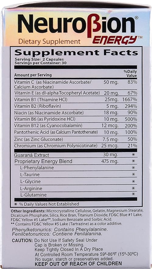 60 Caps Neurobion Energy - Amino Acids Vitamin B1 B2 B6 B12 - Increases Brain Alertness & Stamina