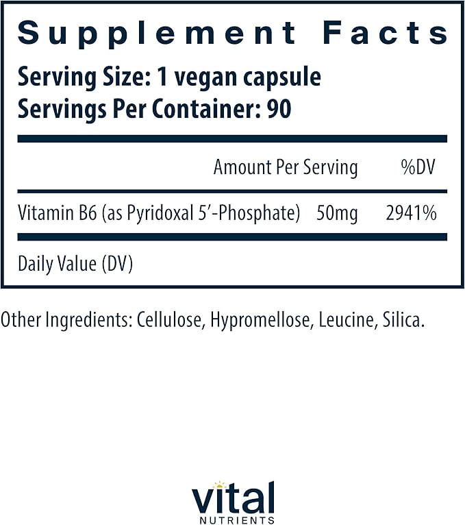 Vital Nutrients Pyridoxal-5 Phosphate | Activated Vitamin B6 | Methylated B6 for Metabolism, PMS, and Menstrual Support* | High-Potency P5P Supplement | Gluten, Dairy, Soy Free | 90 Capsules
