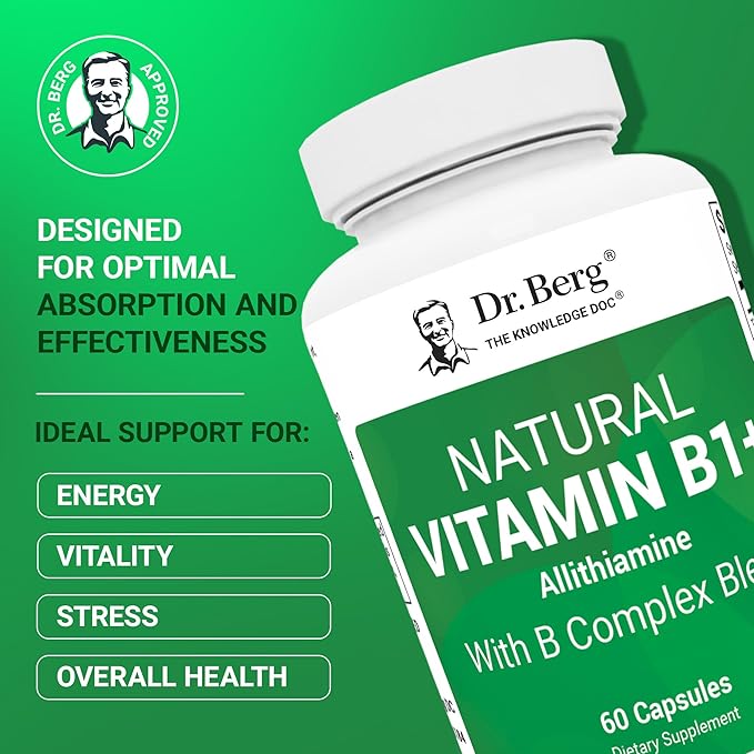 Dr. Berg Natural Vitamin B1 B6 B12 Complex - Allithiamine Vitamin B1 Supplement with 8 Essential Vitamin B Complex for Men & Women Including Thiamin, Niacin, Folate, Magnesium & More - 60 Capsules