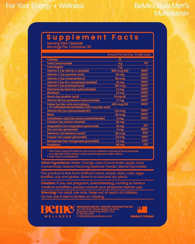 BeMe Liquid Multivitamin for Men - Clinically Tested Mens Multivitamin, 2X Faster Absorption & High Bioavailability - A, B-Complex, C, D, E, K, Calcium, Zinc, Magnesium - Non-GMO, Soy, Dairy Free