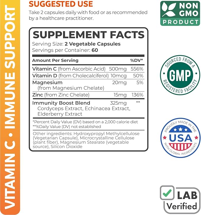Vitamin C Immune Support Supplement - Immunity Boost Blend with Elderberry Vitamin C and Zinc for Daily & Seasonal Support - Immunity Supplement with Magnesium Zinc Vitamin D (2 Months Supply)