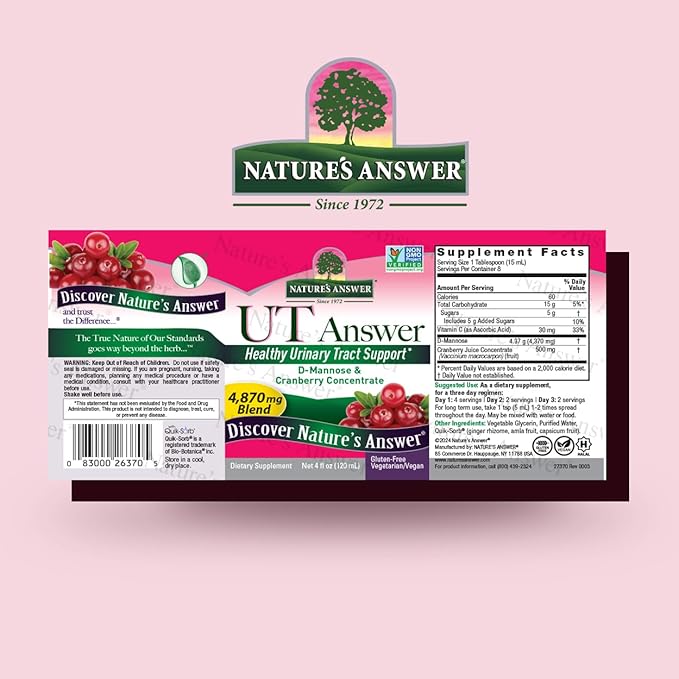 Nature's Answer UT Answer | Urinary Tract System Support | Cranberry Flavor Dietary Supplement | Alcohol-Free, Gluten-Free, Not Tested on Animals & Vegan 4oz