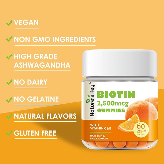 Nature's Key Biotin Gummies with Vitamin C and E, Support Hair Nails Growth & Beautiful Skin for Women Men and Kids, Vegan, Orange Flavors 60 Count