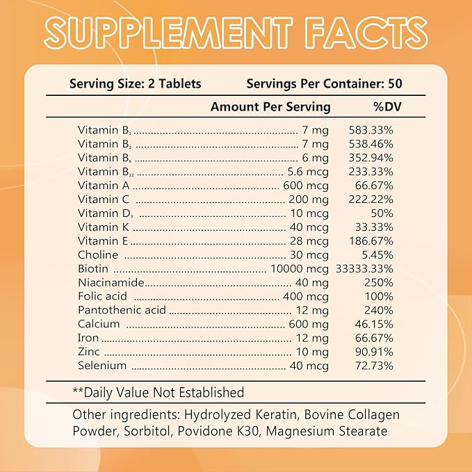 Hair Skin and Nails Multi-Vitamin for Men & Women, 10000mcg Biotin & Multimineral, Contains B-Vitamins, Vitamins C, E & D3, Trace Minerals, Zinc, Gluten-Free, Dairy-Free, Soy-Free, 100 Tablets