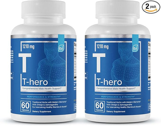 Essential Elements Male Health Supplement - Muscle Support & T-Health with DIM, Ashwagandha, Shilajit, More | T-Hero 60 Vegan Capsules (2-Pack)