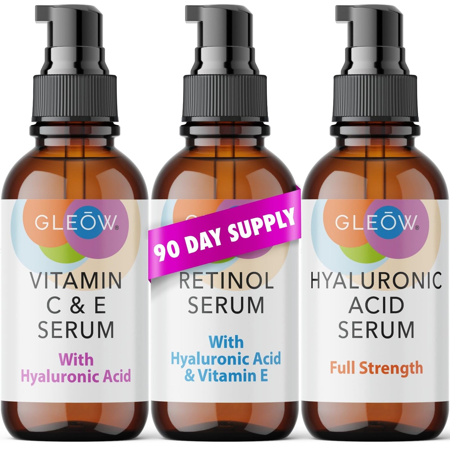 GLEOW Retinol Serum for Face, Vitamin C with Hyaluronic Acid Face Serum for Women and Men, Glow Skin Care Set Targets Appearance of Uneven Skin Tone and Dryness 3x2 oz