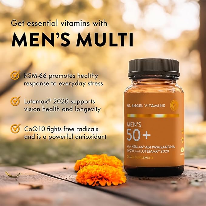 Mt. Angel Vitamins - Daily Mens Multivitamin 50+ Adult Formula with Iron, Calcium, KSM-66 Ashwaganda, and a Potent Proprietary Herbal Blend of The Best Mens Vitamins - 60 Count Capsules