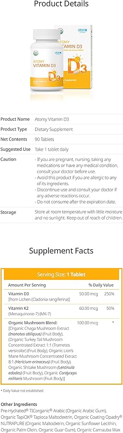Atomy Vitamin D3 - Supports Bone and Immune Health 90 Tablets Organic Vegan Non-GMO