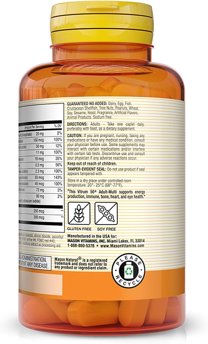 MASON NATURAL Vitrum 50 + Adult-Multi, Iron Free - Vitamins A C D E K B, Folate, Calcium, Iron, Zinc, Potassium, Magnesium, 100 Tablets