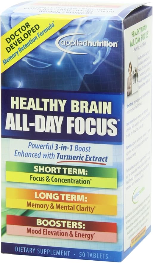 Applied Nutrition Healthy Brain All-Day Focus - 50 Tablets - Powerful 3-in-1 Brain Booster with Turmeric Extract - 25 Servings