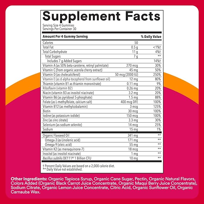 SmartyPants Organic Women's Multivitamin Gummies: Biotin, Probiotics, Methylfolate, Omega 3 (ALA), Vitamin D3, C, Vitamin B12, B6, A, K & Zinc, Inositol, Gluten Free, 120 Count (30 Day Supply)