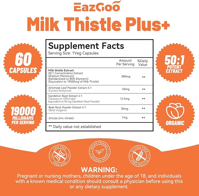Milk Thistle Capsules 19000mg Equivalent, 50X Concentrated Seed Extract & 80% Silymarin Standardized, Liver Support Supplement, Vegan, Non-GMO, 60 Capsules