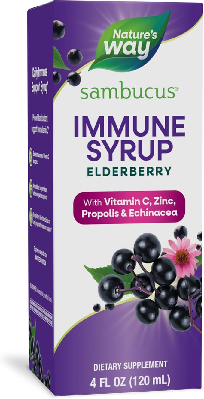Nature's Way Sambucus Immune Syrup, Elderberry Extract, Vitamin C, Zinc, Echinacea, Propolis, Daily Immune Support*, Antioxidant Support*, Gluten free, Vegetarian, 8 Fl Oz