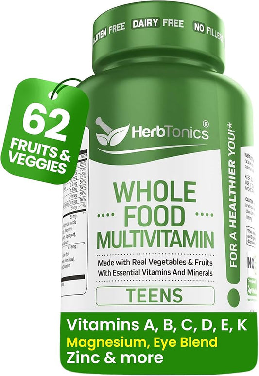 Herbtonics Whole Food Teen Vitamins for Energy, Focus & Immune Support - Multivitamin for Teenage Boys & Girls (12-18) with 62 Superfoods - Vegan, Plant Based, Non-GMO - 60 Easy Swallow Capsules