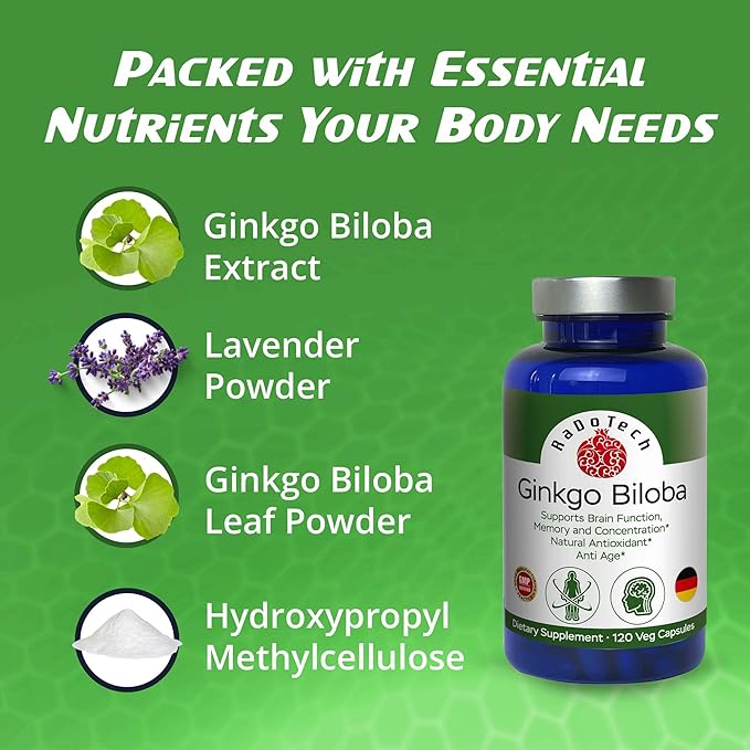 Ginkgo Biloba Support Brain Function, Supplements for Memory and Focus, Natural Antioxidant-Rich, Promotes Overall Health, 120 Vegetarian Capsules, GMP