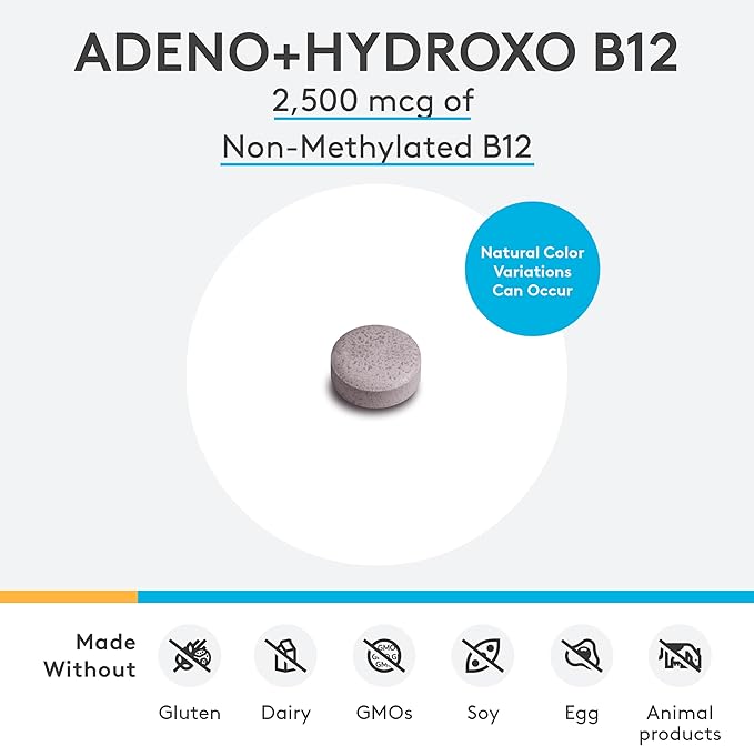 XYMOGEN Adeno+Hydroxo B12 - Non-Methylated (2,500mcg) - Quick-Dissolve B12 Lozenges with Adenosylcobalamin B12 + Hydroxocobalamin - Cognitive Support, Fruit Punch Flavor (60 Tablets)