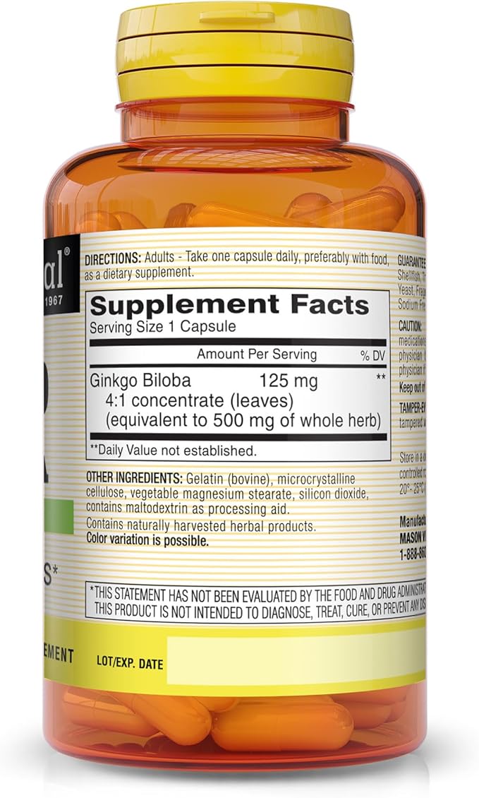 Mason Vitamins Ginkgo Biloba Leaves Powder, 500 mg per Capsule, 180 Gelatin Capsules