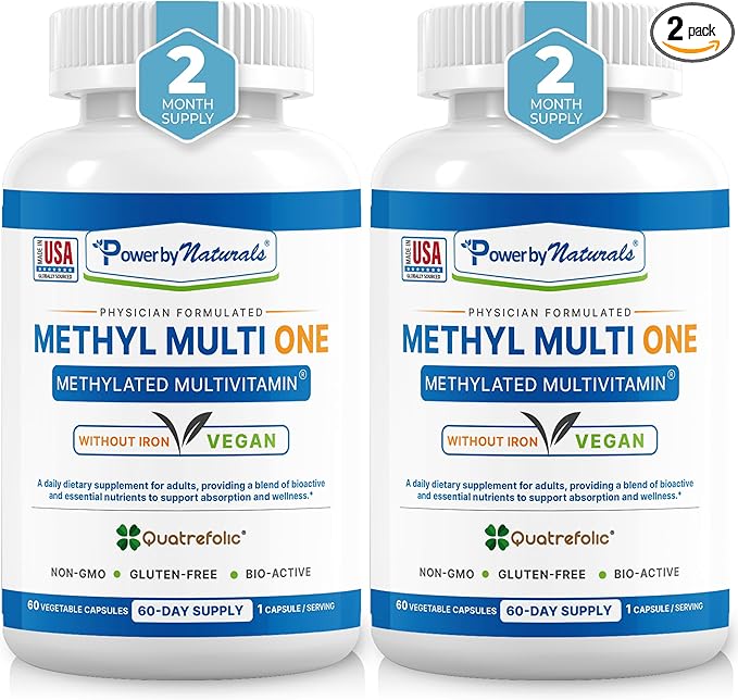Power By Naturals Methyl Multi One – Iron-Free Methylated Multivitamin for Men & Women with B12 Methylcobalamin, P5P, Folate (5-MTHF), CoQ10 & Zinc for Energy & MTHFR Support, 60 Capsules (2-PK)