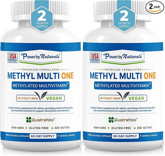 Power By Naturals Methyl Multi One – Iron-Free Methylated Multivitamin for Men & Women with B12 Methylcobalamin, P5P, Folate (5-MTHF), CoQ10 & Zinc for Energy & MTHFR Support, 60 Capsules (2-PK)