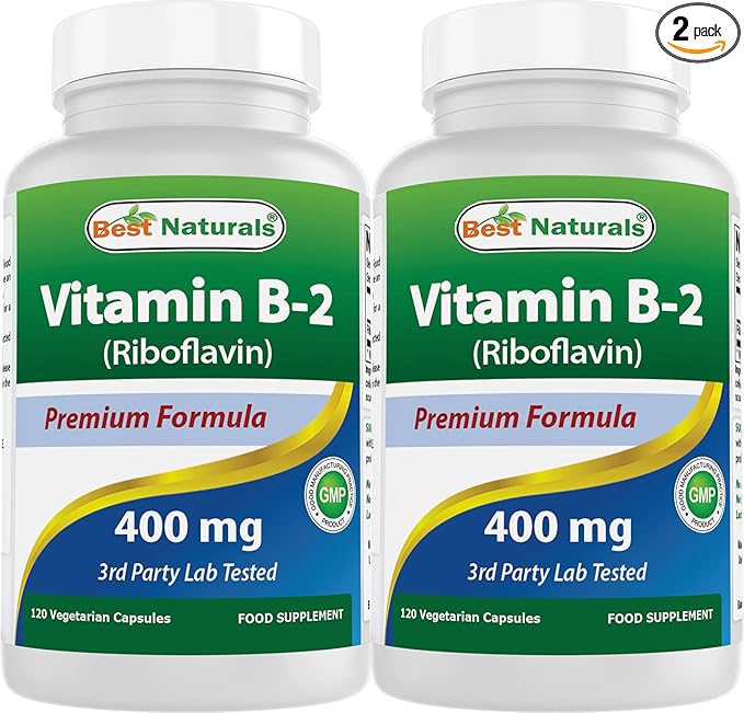Best Naturals Vitamin B2 (Riboflavin) 400mg - Migraine Relief - Veggie Capsules - Conezyme Precursor - 120 Count (120 Count (Pack of 2))