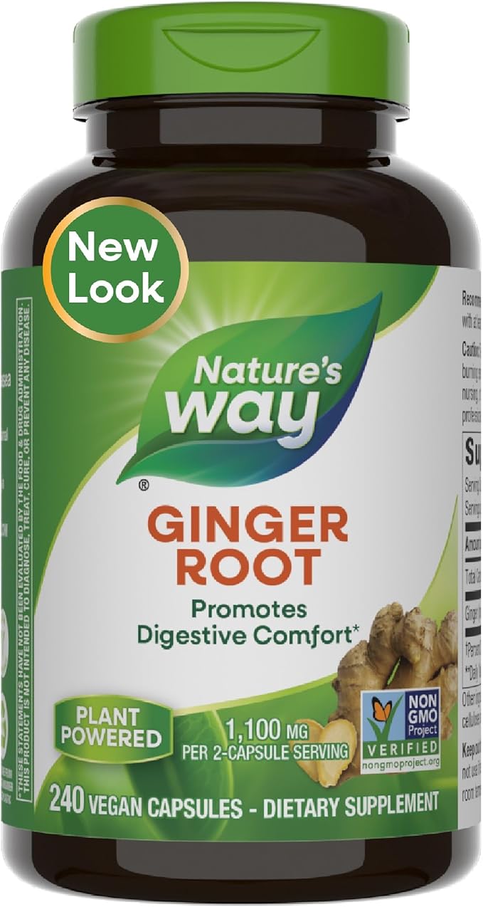 Nature's Way Ginger Root, Promotes Digestive Comfort*, Reduces Motion-Related Nausea*, 1,100 mg Per 2-capsule Serving, Non-GMO Project Verified, Vegan, 240 Capsules