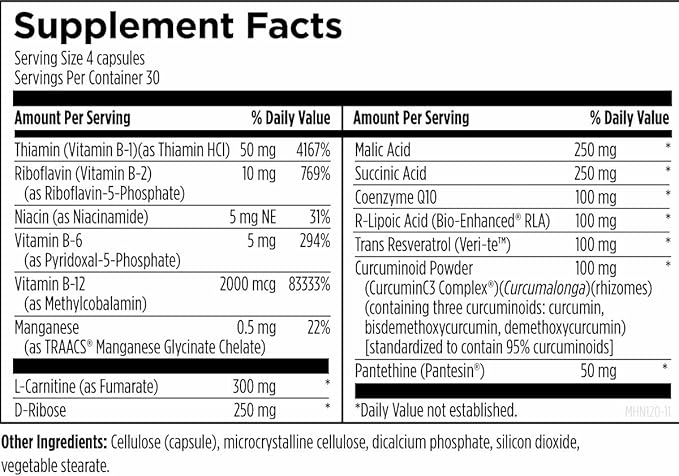 Designs for Health Mitochondrial NRG - Support Cellular Vitality + Metabolism - Mitochondria Energy Supplement with Alpha Lipoic Acid, Trans Resveratrol + Curcumin Powder (120 Vegan Capsules)