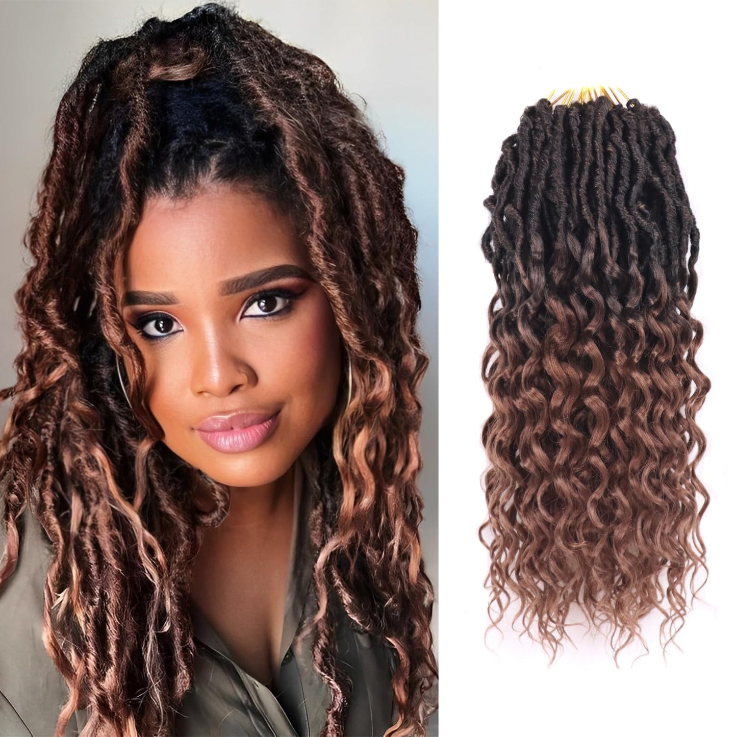 Deep Faux Locs Crochet Hair 14 Inch 8 Packs Goddess Locs Crochet Hair Pre Looped Curly Crochet Hair for Black Women Soft Locs Crochet Braids with Curly Ends (Black mixed Dark Brown)