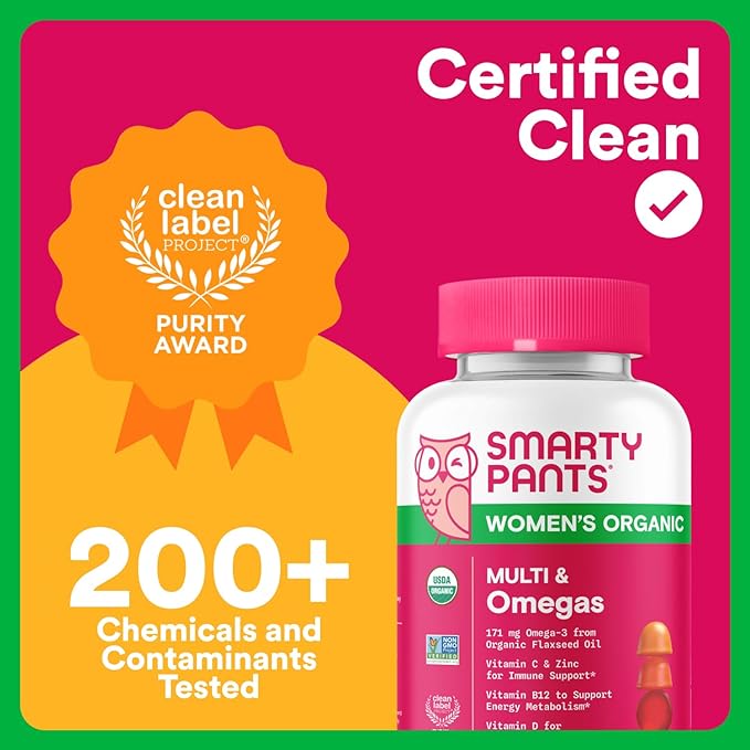 SmartyPants Organic Women's Multivitamin Gummies: Biotin, Methylfolate, Omega 3 (ALA), Vitamin D3, C, Vitamin B12, B6, A, K & Zinc, Inositol, Gluten Free, Vegetarian, 120 Count (30 Day Supply)