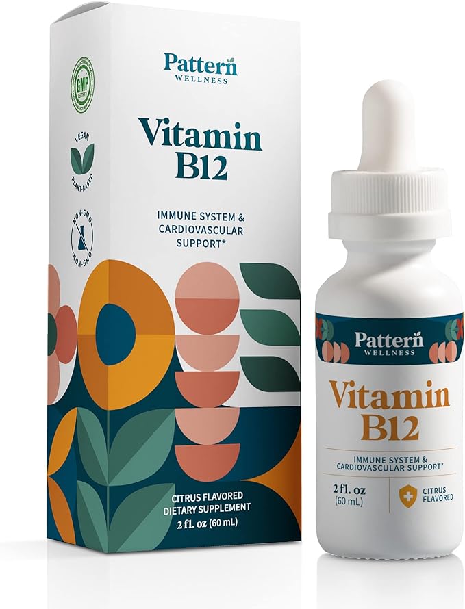 Pattern Wellness Vitamin B12 Supplement - Sublingual 5000 mcg Liquid Methylcobalamin Drops - Immune & Cardiovascular Support - Citrus Flavored Vegan Liquid Drops - 2 fl. oz (60 mL)
