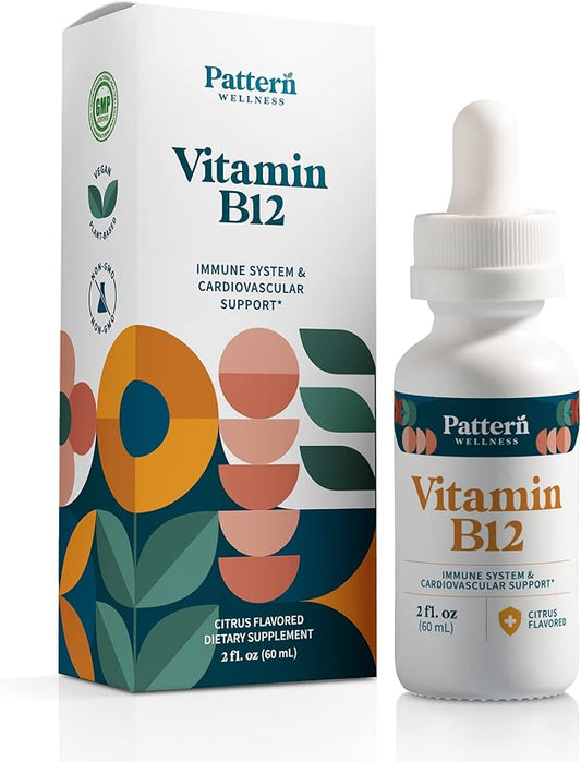 Pattern Wellness Vitamin B12 Supplement - Sublingual 5000 mcg Liquid Methylcobalamin Drops - Immune & Cardiovascular Support - Citrus Flavored Vegan Liquid Drops - 2 fl. oz (60 mL)