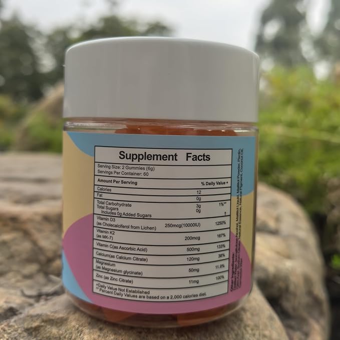 Vitamin D3 K2 Gummies Sugar-Free,Vitamin D3 10000 IU with K2 200mcg,VitaminC,Calcium,Magnesium,Zinc,Support for Bones,Joints,Muscles,Nerves,and Immune System