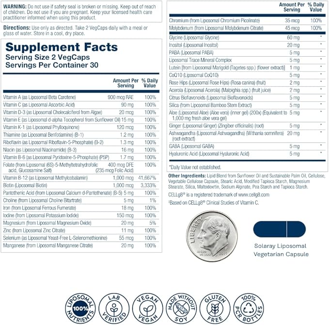 SOLARAY Liposomal Multivitamin for Women, Enhanced Absorption, High Potency w/Iron, Vitamin D, Vitamin C, B12, Biotin, CoQ10, Immune Support, Bone Health, Vegan, 30 Servings, 60 VegCaps