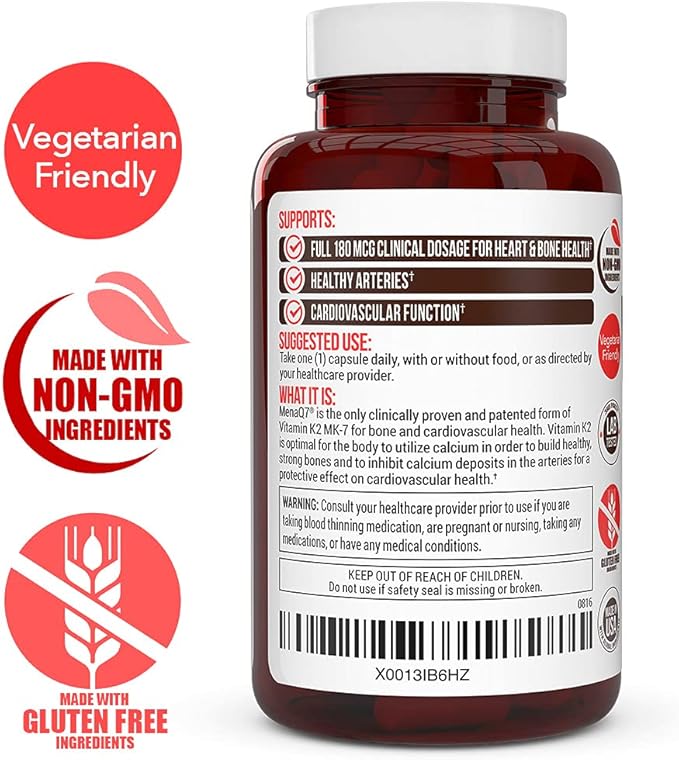 Vitamin K2 D3 Supplement 5000 IU D3 and 180 mcg Vitamin k2 MK7 Supplement for Healthy Bones, Healthy Heart & Cardiovascular Health-60 Easy to Swallow Vegetable caps of MenaQ7 K2 MK7