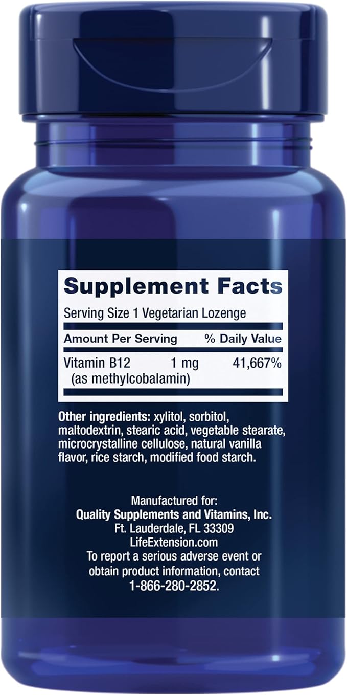 Life Extension Vitamin B12 Methylcobalamin, Nerve Health Supplement, Cognitive Support, Energy Vitamin, methylcobalamin B12, 1 mg, Quick-Dissolving, Vegetarian, 60 lozenges