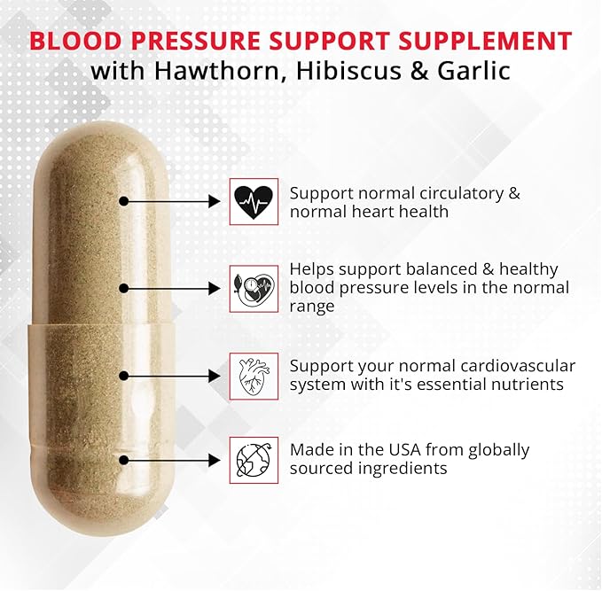 Blood Pressure Support and Cardiovascular Supplement W/ Hawthorn, Hibiscus - Nitric Oxide Support for Normal Blood Pressure Support W/ Vitamin B12 & Folic Acid - Garlic Supplements - 90 CT