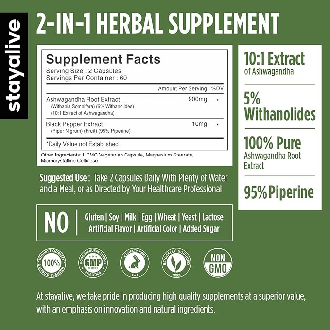 STAY ALIVE Ashwagandha with Black Pepper, 10:1 Extract, 120 Pills, 100% Pure Root Powder, Extra Strength Capsules, Non-GMO & Gluten Free Ashwagandha Supplements for Women and Men