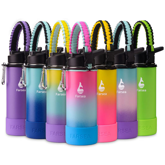 Farsea Insulated Water Bottle With Paracord Handle, Protective Boot and 2 Lids (Straw Lid & Spout Lid), Stainless Steel Water Bottle Wide Mouth, Double Wall Sweat-Proof BPA-Free, 18 oz