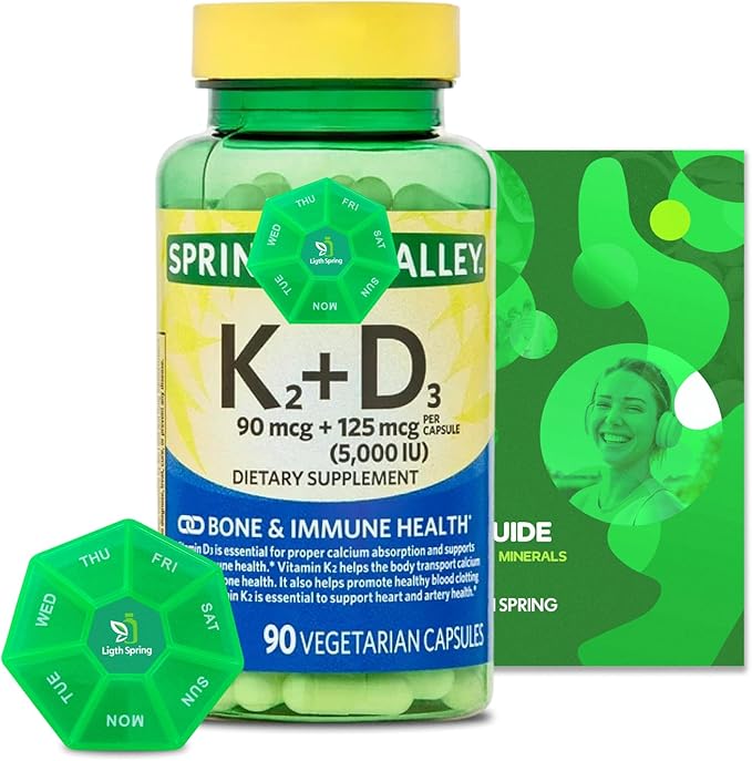 Vitamin K2 (90mcg) + D3 (125mcg) Vegetarian Capsules, 90 Count with Bundle Exclusive Vitamins & Minerals - A to Z - Better Ligth&Spring Guide + Weekly Pill Organizer (3 Items)