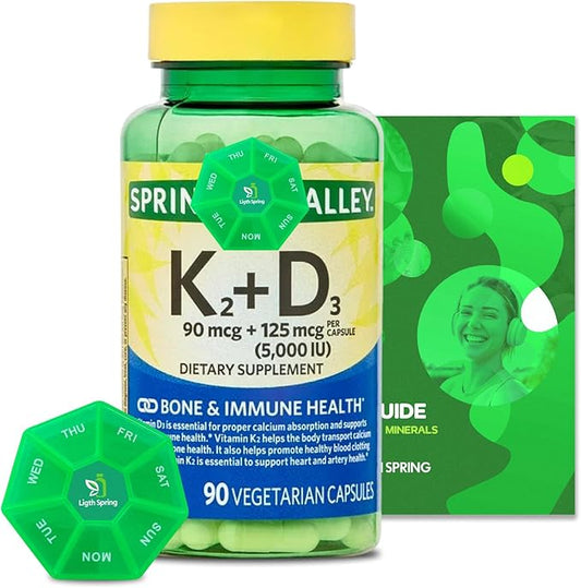 Vitamin K2 (90mcg) + D3 (125mcg) Vegetarian Capsules, 90 Count with Bundle Exclusive Vitamins & Minerals - A to Z - Better Ligth&Spring Guide + Weekly Pill Organizer (3 Items)