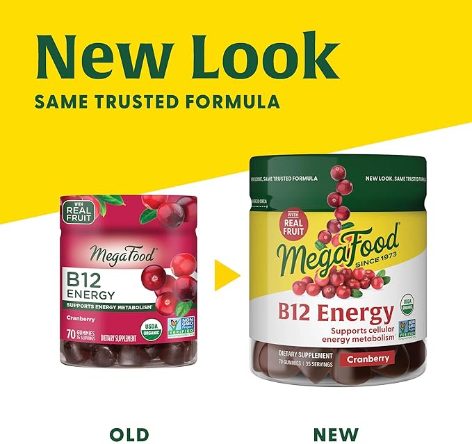 MegaFood Vitamin B12 Energy Gummies - Vegan - With Methyl B12 Vitamins to Support Cellular Energy Production - Cranberry - Daily Vitamin B12 Supplement - USDA Organic - 70 Gummies, 35 Servings