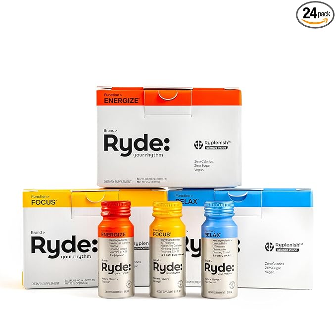 Ryde: Discovery Pack | Energize, Focus & Relax Shots | Green Tea Caffeine, Taurine, Ginseng, B Vitamins, L-Theanine, Lemon Balm, Chamomile | 0 Calories, 0 Sugar | Variety Pack Try Them All (24 Pack)