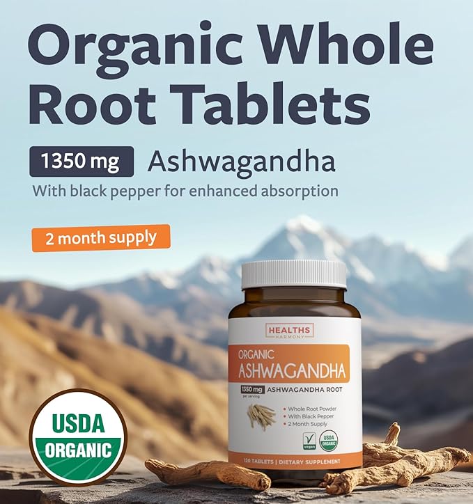 USDA Organic Ashwagandha (120 Vegetarian Tablets) 1350mg Ashwaganda Root Powder Per Serve with Black Pepper - Natural Adrenal Support, Cortisol & Thyroid Support, Immune Support (No Pills or Capsules)