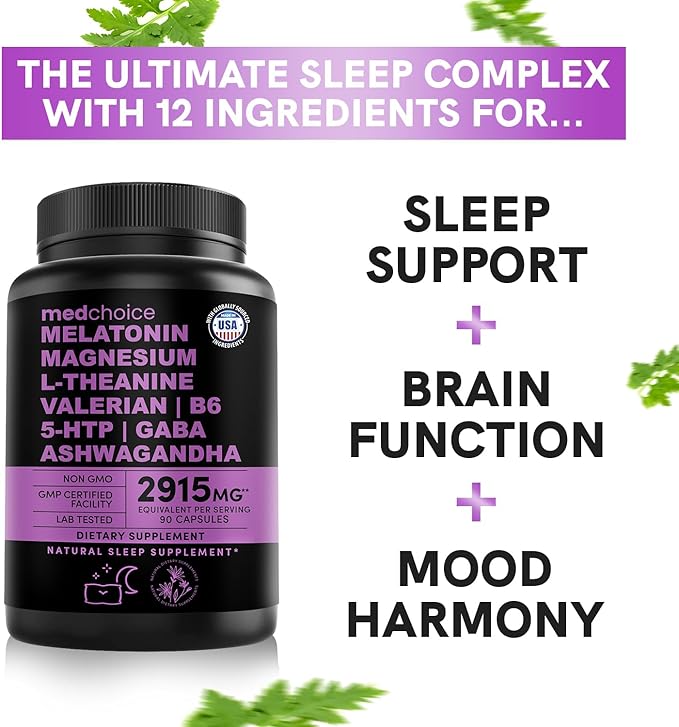 12-in-1 Melatonin Sleep Capsules - Natural Sleep Aids for Adults with Melatonin 5mg and Magnesium Glycinate 500mg, Sleep Aid with Ashwagandha, L Theanine, Valerian Root, GABA, 5-HTP (90ct, Pack of 4)